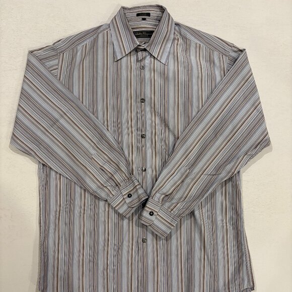 Salvatore Ferragamo Other - Salavatore Ferragamo Blue/Brown- Striped Button Down Sport Shirt